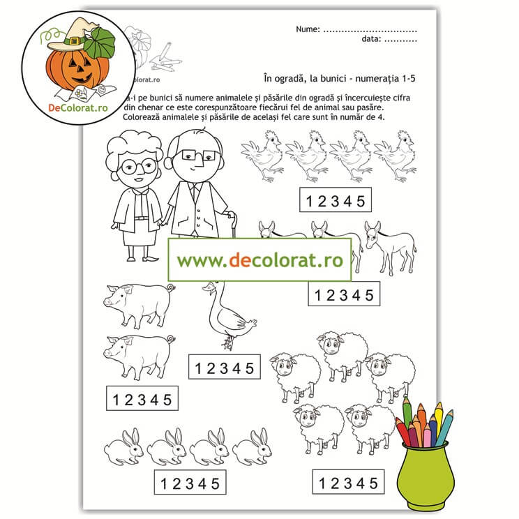 Animale și păsări domestice – fișă de lucru – numerația în limitele 1-5