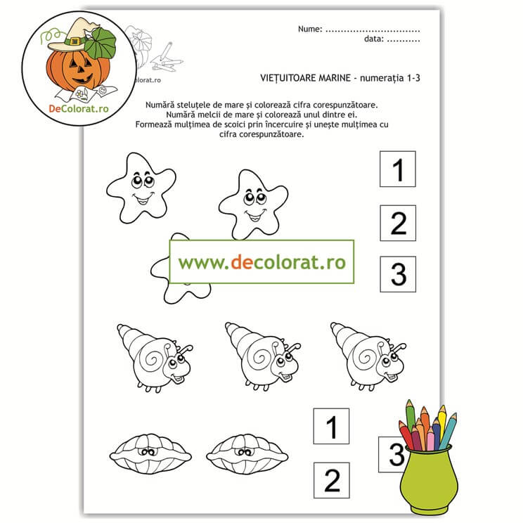 Viețuitoare marine – fișă de lucru – numerația în limitele 1-3