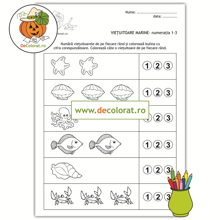 Vietuitoare marine – fișă de lucru – numerația în limitele 1-3