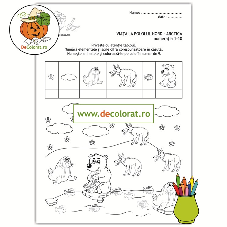 Viața la Polul Nord – fișă de lucru – numerația în limitele 1-10