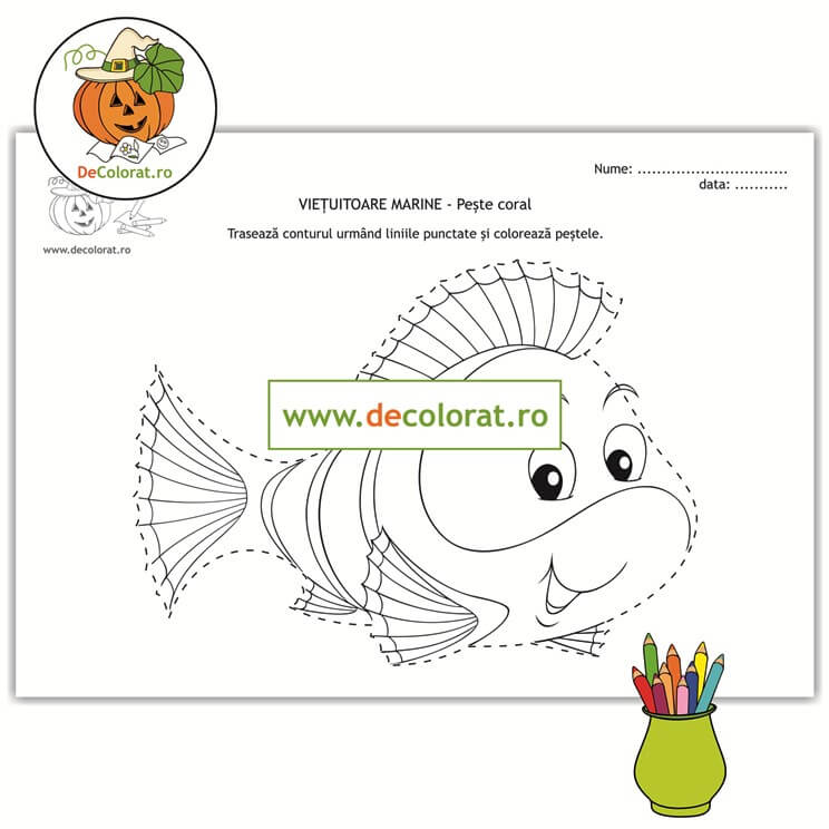 Animale marine – pește coral – fișă de trasare după contur și de colorat